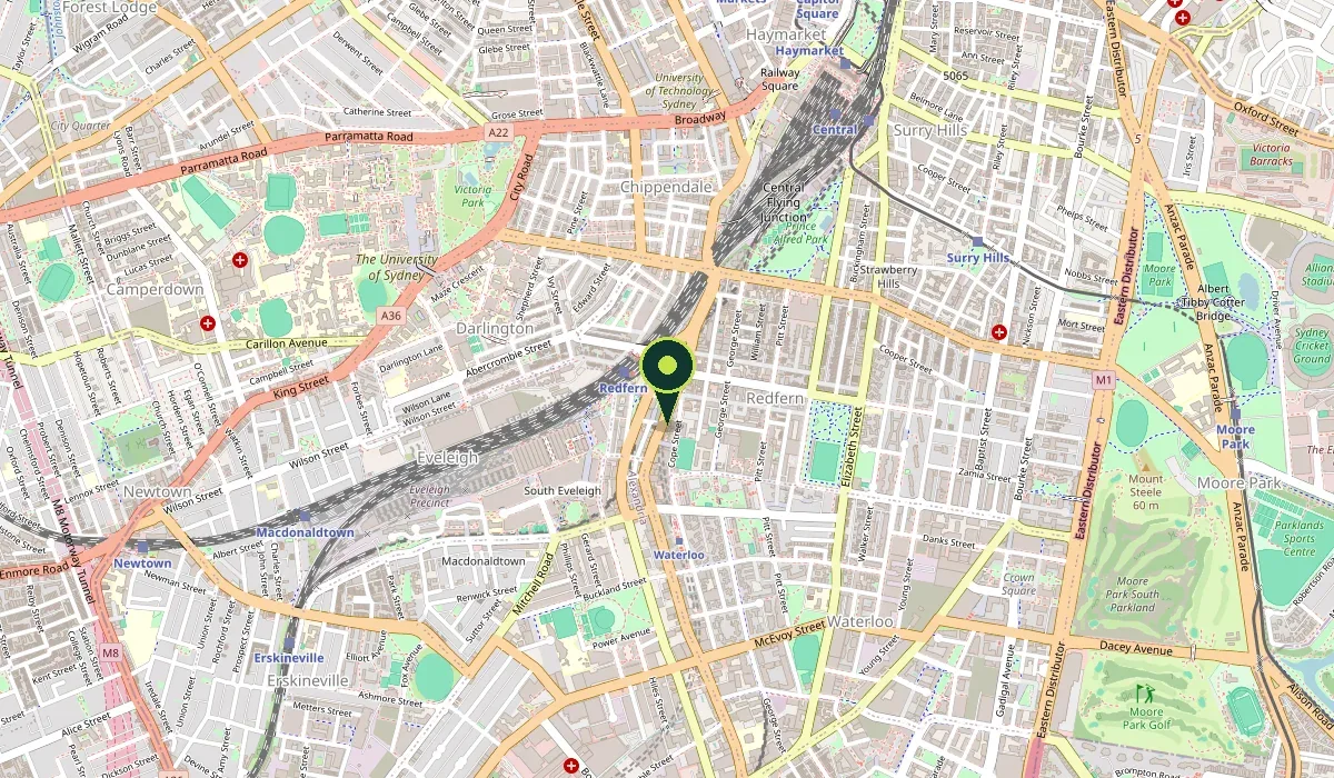 Street map of Redfern with a marker on the clinic at 88 Regent Street, just south of Redfern station.